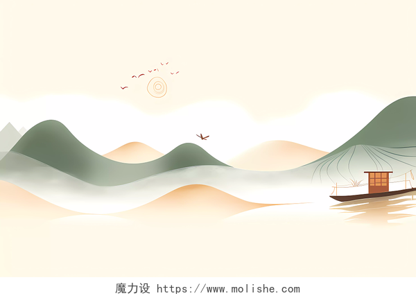 新中式国潮风质感手绘抽象山水山脉帆船大雁背景  